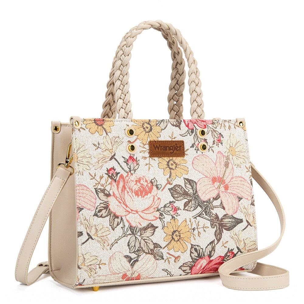 Wrangler Floral Print Braided Straps Tan Tote Bag